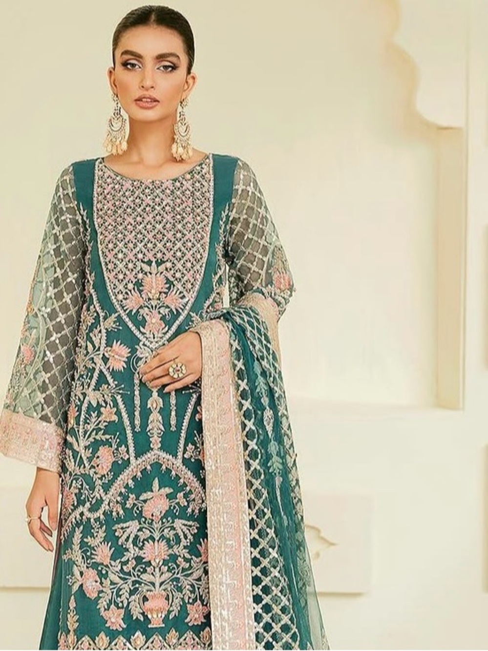 3 piece Elegant formal Teal green Embroidered Women's Dress with Pink Accents